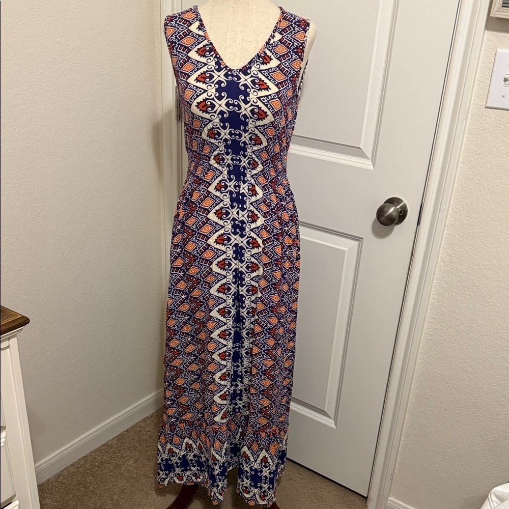 Fun & Flirt Blue and Orange Geometric Maxi Dress